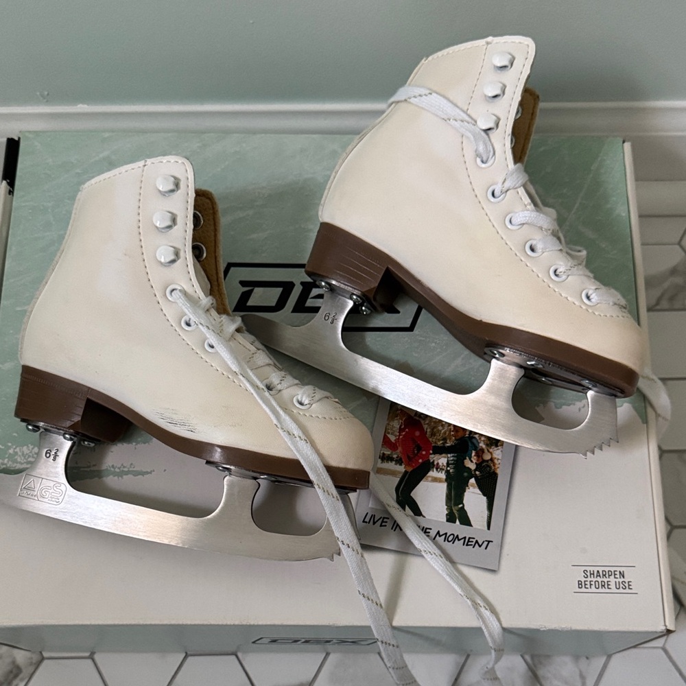White Kids Ice Skates with Brown Soles